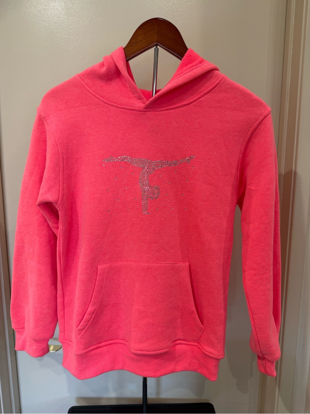 Varsany Bright Pink Hooded Sweatshirt with Rhinestone Handstand Gymnast Motif